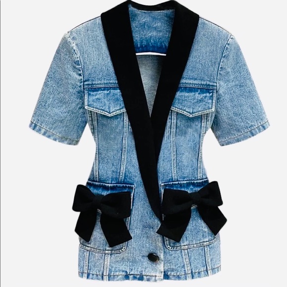 Super Sexy Denim Jacket/Blazer with Pocket Bows and black neckline tuxedo style - Picture 1 of 1